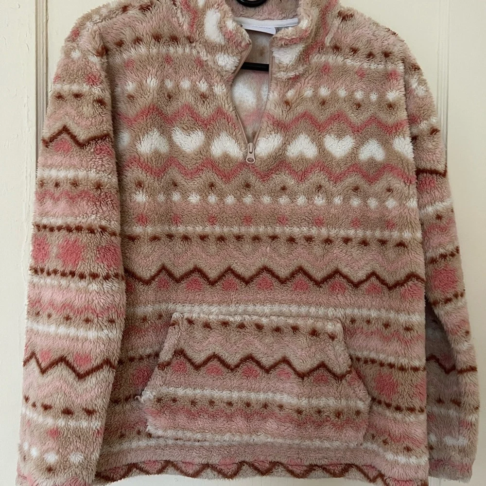 Place Plush Heart-Pattern Half-Zip Pullover in Pink and Tan - Picture 1 of 3